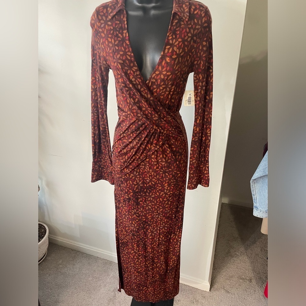 NWT Free People|| Shayla Wrap Midi Dress in Brown Size XS, Perfect fall dress! - Picture 4 of 11